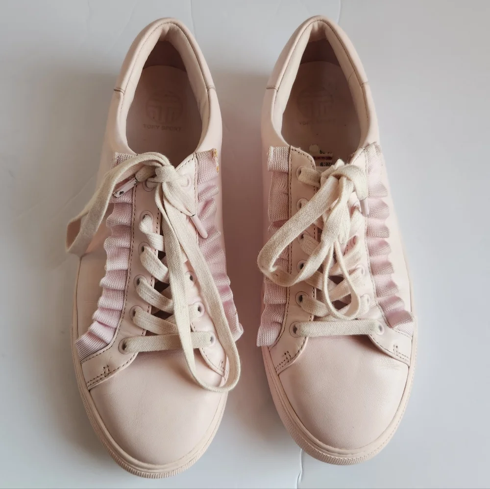 Tory Burch Sport Calf Leather Ruffle Sneakers Cotton Pink Size 9